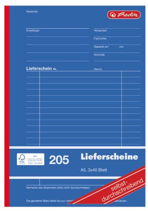 Herlitz 883546 Lieferscheinbuch A5, 3 x 40 Blatt, 205, selbstdurchschreibend 8er Pack
