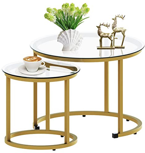 aboxoo Lot de 2 petites tables basses gigognes rondes dorées en verre pour salon, chambre à coucher, table basse d'appoint avec cadre en métal, moderne, industriel, simple