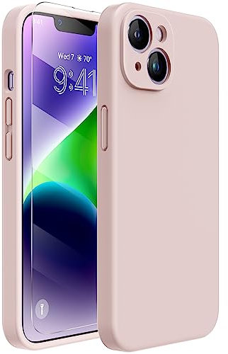 Miracase Designed for iPhone 14 Case, [Upgraded Wrap-around lens Protection], with 1 Pack Screen Protector, Full-body Cover Shockproof Liquid Silicone Case, 6.1 Inch (Sand Pink)