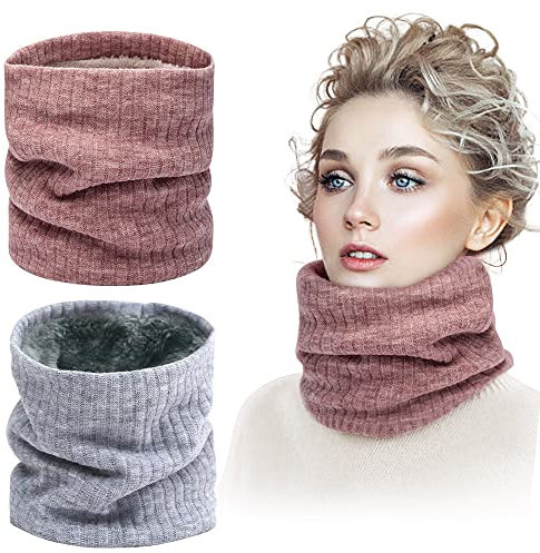 skytowards 2 Pack Halsschlauch Winter Loop Schal Herren Damen Winterschal Schlauchschal Strickschal Loop Winterschal Rosa Grau Halsschlauch Verdickte Fleece Futter Halswärmer Loopschal für Outdoor
