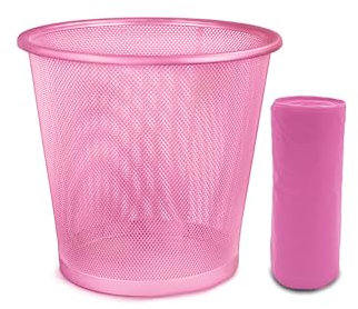 EUROXANTY Papelera de rejilla + Bolsa basura | Papelera de oficina | Papelera de metal | Rejilla para ventilar | Papelera 10L | Pack 15 bolsas | Rosa
