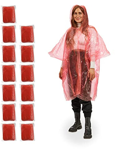 Relaxdays Regenponcho Einweg, 13er Set, Einmal Regencape mit Kapuze, Erwachsene, Notfallponcho Damen, Herren, rot