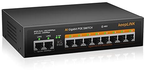 keepLiNK PoE Switch 10-Port Gigabit LAN Switch mit 8 PoE+ Ports, 2 1000Mbps Uplink Ports, 120w Built-in Power Supply, IEEE-802.3af/at PoE, Lüfterlos, Plug-and-Play, Robustes Metallgehäuse