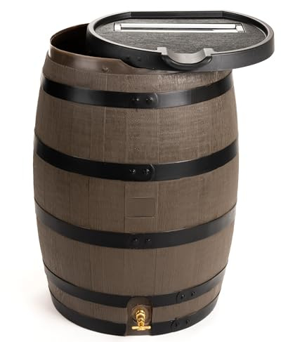 RTS Home Accents - Barril de lluvia prémium de 55 galones con tapa extraíble, barril de recogida de agua de lluvia con parte trasera plana, grano de madera con rayas negras