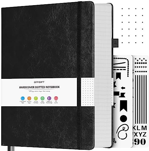 OFFIGIFT Bullet Dotted Journal, großes A4-Hardcover-Leder-Tagebuch, 312 nummerierte Seiten, dickes Tagebuch, 100 g/m², kein Ausbluten, Punktraster, Notizbuch für Damen und Herren, 21,6 x 27,9 cm,