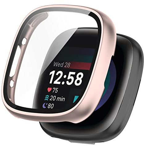 KUTEWEU Hülle Kompatibel mit Fitbit Versa 4/ Fitbit Sense 2, 9H Härte Mit Glasfolie Schutzfolie Anti Kratzen PC Cover Schutzhülle Case für Fitbit Versa 4/ Sense 2 Smartwatch (Roségold)