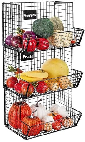 Taylor & Brown 3 Tier Metal Basket Stand - Wall Mounted Basket Vegetable Rack with Removable Chalkboards and Hooks - Hanging Wire Storage Basket Fruit Organiser for Kitchen Bathroom Garage