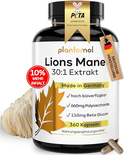 360 Lions Mane Kapseln - Löwenmähne Pilz - 4-Monatsvorrat - plantomol® | Lions Mane Mushroom Complex 2200mg Löwenmähne Extrakt 30:1 =66.000mg Hericium Erinaceus - 30% Polysaccharide & 5% Beta Glucan