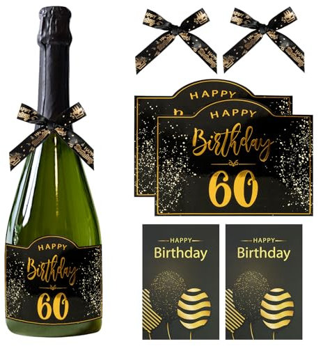 BOFUNX Etichette per Vino 60 Anni Etichette per Bottiglie Compleanno Etichette Adesive per Bottiglia di Vino Buon Compleanno con Biglietto d'Auguri di Compleanno e Fiocco