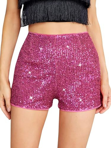 Yoisdtxc Damen Hohe Taille Glitzer Pailletten Shorts Mid Rise Glitter Hot Pants Stretch Straight Leg Party Shorts, A-rosiges Rot, S