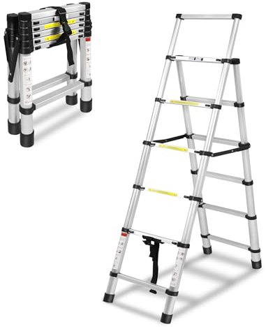 XMTECH 1.7m+2m Aluminium Teleskopleiter Klappleiter A-Rahmen 6 + 7 Stufen, Rutschfester Aluleiter Mehrzweckleiter Ausziehbare Leiter, 150 kg Tragfähigkeit-Silber