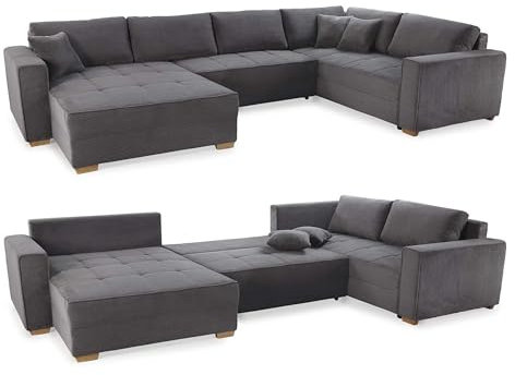 Modische Cord Wohnlandschaft U-Form 379 cm breit, Sofa mit Schlaffunktion und Bettkasten, Wellenunterfederung, seitenverkehrt montierbar, Bezug Cordstoff in Grau Anthrazit/ 15198