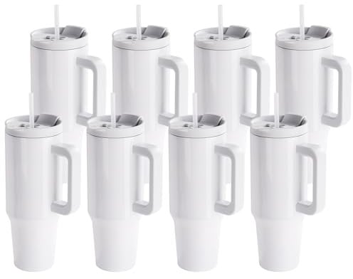 PYD Life 8 Pack 40 OZ Sublimation Tumblers Bulk with Removable Handle White Blanks Stainless Steel Cups Mugs with Lid and Plastic Straw for Tumbler Heat Press Sublimation Oven Printing