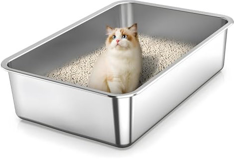 Edelstahl Katzentoilette, Geruchskontrolle, Antihaft Glatte Oberfläche, rostfrei, leicht zu reinigen, Anti-Rutsch-Füße, Offene Katzentoilette,große Metall-Toilette