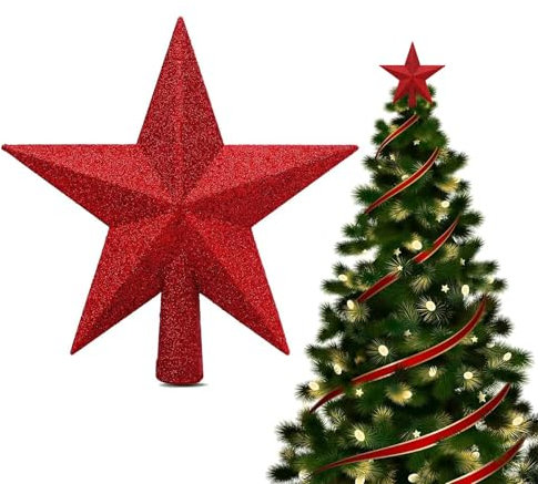 VIKY® Glitzer Weihnachtsbaumspitze Stern,Christbaumspitze 20cm,Rot Christmas Decorations,Sterne Plastik Christmas Tree Topper,Stern Weihnachtsbaumspitze für Weihnachten Dekoration,Silvester Party Deko