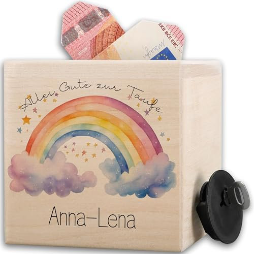 Spardose - Holzspardose Regenbogen zur Taufe Geldgeschenk I Taufgeschenk Holz Sparbüchse Mädchen mit Name I Geldgeschenkverpackung - 10x10cm - Holz - Geschenke taufgeschenke taufen spardosen