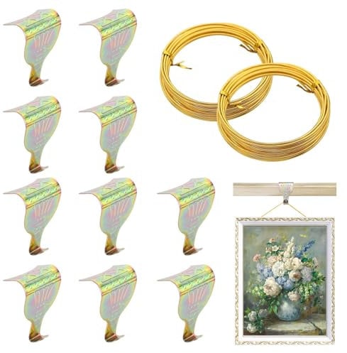 Parthan 10 Pcs Picture Rail Hooks and Wire, Picture Rail Hooks with 2 Rolls Brass Wires, Clothes Practical Gallery Heavy Duty Moulding Display Picture Rail Hangers, Antique Style Picture Rail Hook