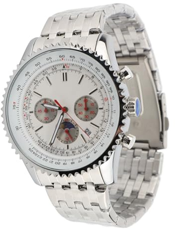 Srliya Herren-Quarzuhr mit Kalender und Mondphase, Gehäuse aus Zinklegierung, Edelstahlarmband, Quarz-Armbanduhr, Herren-Armbanduhr, Kalender, Mondphasen-Uhr