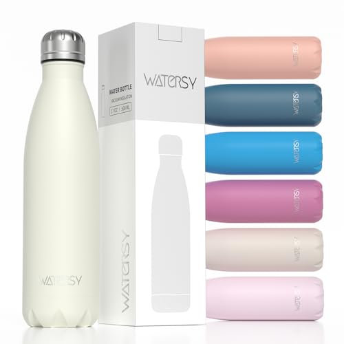 WATERSY Stainless Steel Insulated Water Bottle, Double Walled Metal Vacuum Flask Keep 24 Hrs Cold & 12 Hrs Hot Thermal Metal Sports Bottles 500ml BPA Free for Outdoor, Work, Gym, School (Cream White)