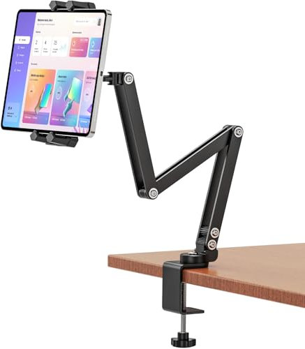 JUBORUI Soporte Tablet Mesa, 360°Giratorio Soporte de Escritorio iPad, Soporte iPad Mesa con Brazos Metálicos Ajustables, Soporte para iPad Pro Air Mini, 4.7-13.5 Tablet