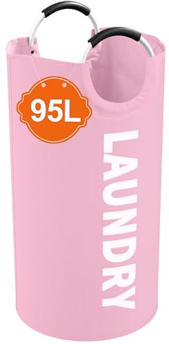 IHOMAGIC 95L Cesta de lavandería con Manijas de aleación, Cesto Ropa Sucia Plegable, Cestos para la Colada de Tela Oxford para Apartamento, Dormitorio, Cuarto de Baño, Sala de Estar, Camping, Rosa