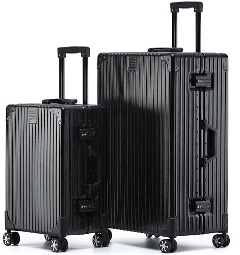 KOFA Zurich Kofferset 2 Teilig, M-55cm & XL-75cm Alu-Rahmen & Polycarbonat-Hartschale, Carry-on + Check-in Koffer, Reisekoffer Spinner mit 4 Rollen und doppelte TSA Schloss 35L + 94L (Schwarz)