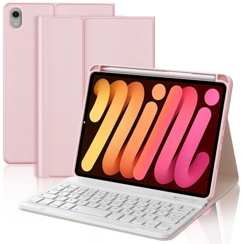 WAVATA Tastatur für iPad mini 7 2024 8.3 (A17 Pro), Hülle mit Tastatur für iPad mini 6 2021 Magnetisch Abnehmbare Bluetooth Kabellose QWERTZ Layout, Rosa