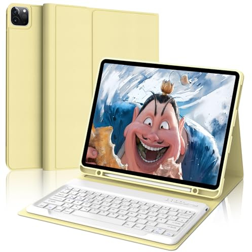 FOGARI Hülle mit Tastatur für iPad Pro 12.9 Zoll (6. / 5. / 4. / 3. Generation), Deutsches QWERTZ Layout, Magnetisch Abnehmbarer abellos Bluetooth Tastatur für iPad 12,9 2022/2021/2020/2018, Gelb