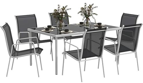 Outsunny Sitzgruppe 7-teilig Essgruppe für 6 Personen Esstisch mit 6 stapelbar Stühlen Esszimmergruppe mit Glastisch Küchentisch-Set Balkonmöbel Gartenmöbel für Terrasse, Balkon Esszimmer Schwarz