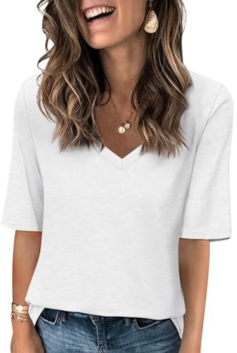 AirMood Women V Neck T Shirts Summer Casual Half Sleeve Tops Loose Fit Tees Tshirt (White,L)