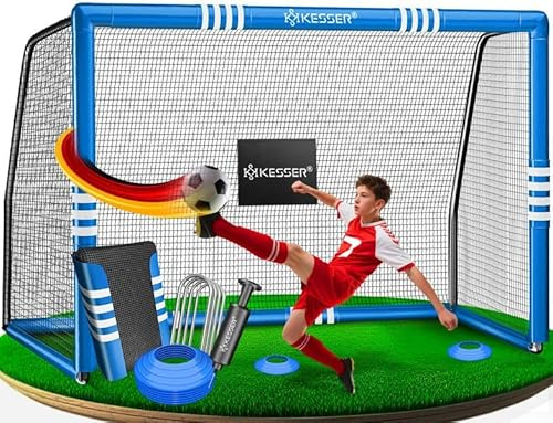 KESSER® Fußballtor für Garten Robustes Outdoor Training Schusstraining UV-beständigem Netz, Stahlrahmen mit Polsterung, Erdhaken, Luftpumpe, Hüttchen, Montagezubehör für Kinder und Erwachsene