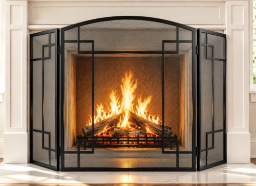 Gtongoko Fireplace Screen 3 Panel 48 W x 29 H Wrought Iron Decorative Heavy Duty Fire Spark Guard Cover for Living Room,Mesh Fire Place Safety Fence Black