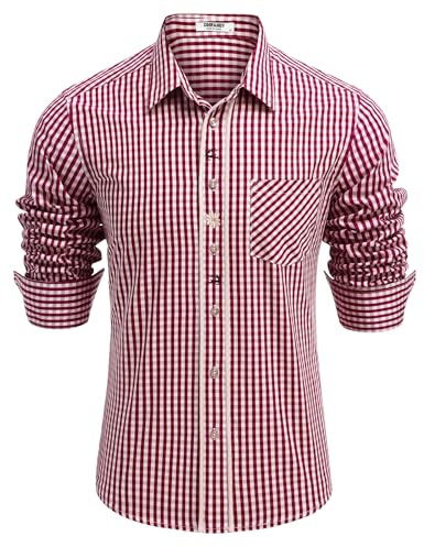 COOFANDY Herren Trachtenhemd Langarm mit Baumwolle Kariertes Oktoberfest Hemd Freizeithemd Bayrisches Karohemden Rot XL