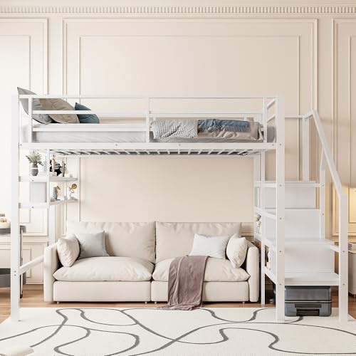 Rvjiahe Hochbett, 140 * 200cm, Einlegeböden, Stauraumleiter, Freiraum unter dem Bett zum Verkleiden, Geländer, ohne Matratze, Weiß (Weiß, 140 * 200cm)