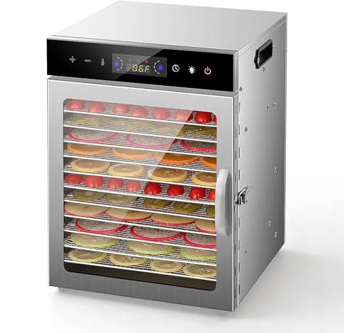 Dörrautomat Edelstahl mit 12 Edelstahlgitter, 800W, 30°-90°C Temperatureinstellung, Food Dehydrator, BPA-frei, 24h Timer, LED-Display, Dörrautomatenfür Gemüse, Fleisch, Obst, Pilze