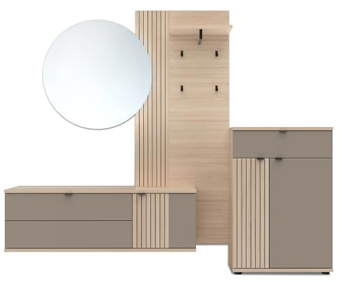 PISA Garderoben-Kombination Set mit LED-Beleuchtung 229 x 202 x 38 cm | FSC-zertifiziertes Flurmöbel-Set, Schuhschrank, Hänge-Schuhschrank, Garderobenpaneel und Spiegel, Flur