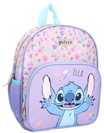 Disney Stitch Sac à dos de maternelle pour fille, personnalisé avec nom, petit sac à dos Lilo & Stitch, sac à dos pour enfant avec poche avant et poches en filet, sangles réglables, Stitch Fleurs