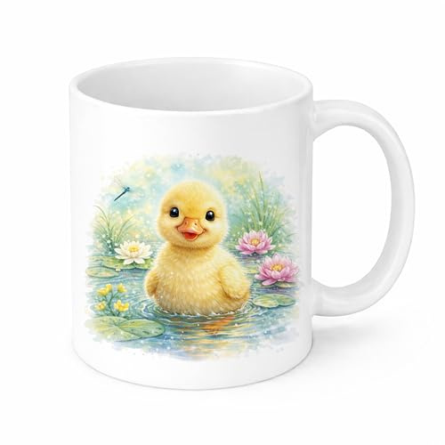 Brew Crew Gifts Cute Duckling Mug, Watercolour Baby Duck Ceramic Coffee Cup, Farmyard Animal Gift, 11oz (White)