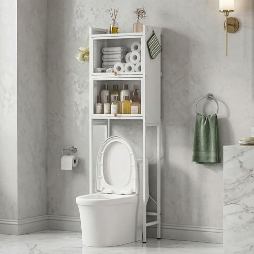 Over Toilet Storage Cabinet, Bathroom Storage Shelf Unit with PVC Doors, Freestanding Bathroom Space Saver, No Drill Installation Steel Frame Organizer Rack, 3 Tier Toilet Storage Unit (White)