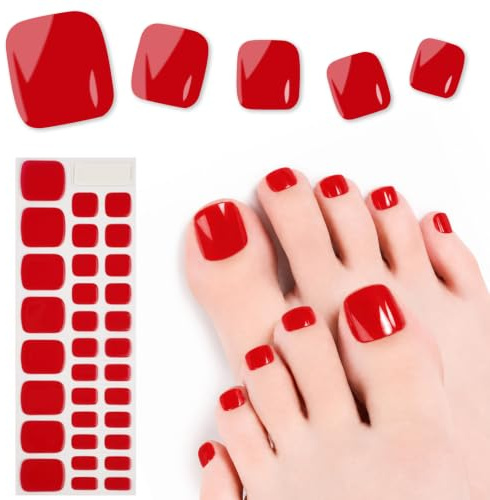 Viugex 32 Pezzi Smalto Adesivo per Unghie Piedi, Rosso Unghie Gel Adesive UV Semi Indurite, Punta Unghie Piedi a Lunga Durata, Pellicola per Unghie Autoadesiva, Lampada UV Richiesta