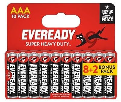 Eveready Super Heavy Duty AAA Zinc Batteries, Pack of 10 for Remote Controls, Clocks, and Toys