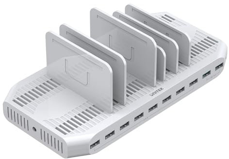 UNITEK 10 Port/USB Charger with Docking Station/Organiser for Smartphone, Tablet, 2X QC 3.0 96W, Universal, Y-2190A, White, 96W with 8X USB + 2X QC 3.0