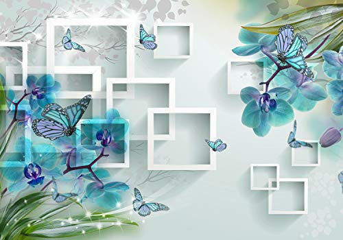 wandmotiv24 Fototapete türkis Orchideen Schmetterling, XXL 400 x 280 cm - 8 Teile, Wanddeko, Wandbild, Wandtapete, Ast, Blätter, Quadrat M4220