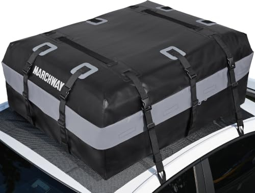 MARCHWAY Waterproof Car Roof Luggage Bag, Weatherproof Soft Shell Rooftop Cargo Carrier Bag for Vehicles with or without Rack. 6 Door Hooks, Anti Slip Mat, Lock Included (15 Cubic Feet, Black)