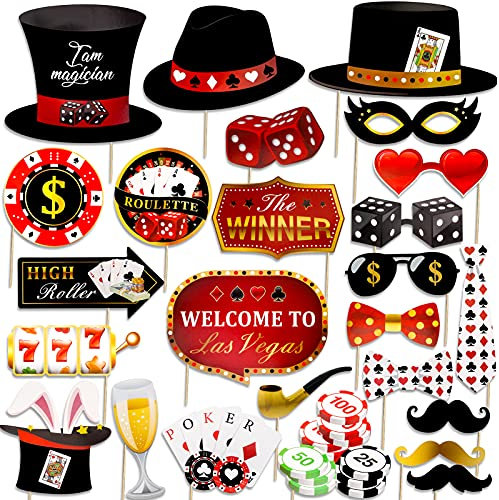 Qpout Las Vegas Accessoires De Stand Photo De Casino Kit d'Accessoires De Selfie pour Thème De Poker Bricolage Drôle pour La Décoration De Fête De Nuit Faveurs De Fête 25 Pièces