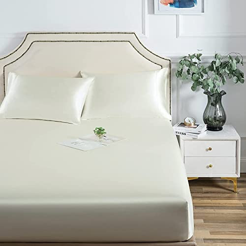 Damier Satin Spannbettlaken 160x200cm Weiß Seide Glänzend Spannbetttuch Hochwertiges Satin Deluxe Bettlaken, geeignet für Matratzen bis 25cm