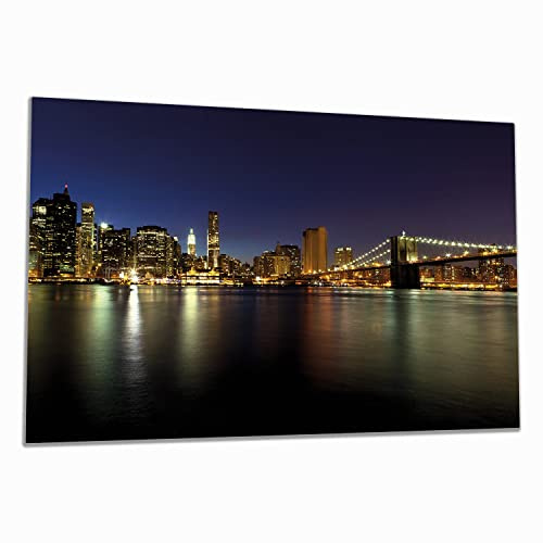 Wallario Herdabdeckplatte/Spritzschutz aus Glas, 1-teilig, 80x52cm, für Ceran- und Induktionsherde, New York Skyline - Brooklyn Bridge und Manhattan am Abend