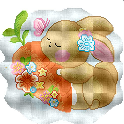 Gofission Kreuzstich Set Vorgedruckt Stickpackungen, Karotte Hase Blumen Ostern 11ct Stickset 37x37cm mit Stoff Vorlagen für Erwachsene Anfänger