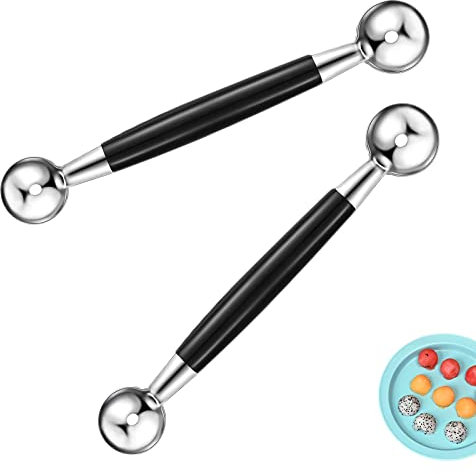 2Pcs Cuchara de Helado de Doble Cara, Cucharas de Melón de Acero Inoxidable, Cuchara de Bolas Redondas para Postre Ensalada Frutas, Plateado