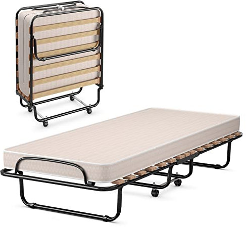 LIFEZEAL Klappbett, Klappbares Gästebett im Metallrahmen, Faltbares Einzelbett mit Matratze aus Memory Foam, Erwachsene Metallbett auf 4 Rädern (190 x 80 x 33 cm, Beige)